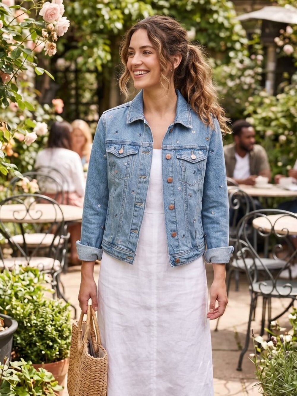 Universal Thread Light Blue Denim Jacket with Floral Embroidery